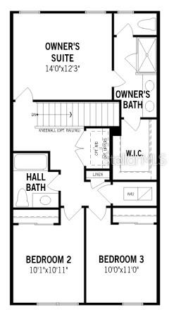 This is a floor plan of a residential second story with three bedrooms and two bathrooms — 225 SPINDLE PALM COVE, WINTER SPRINGS, FL