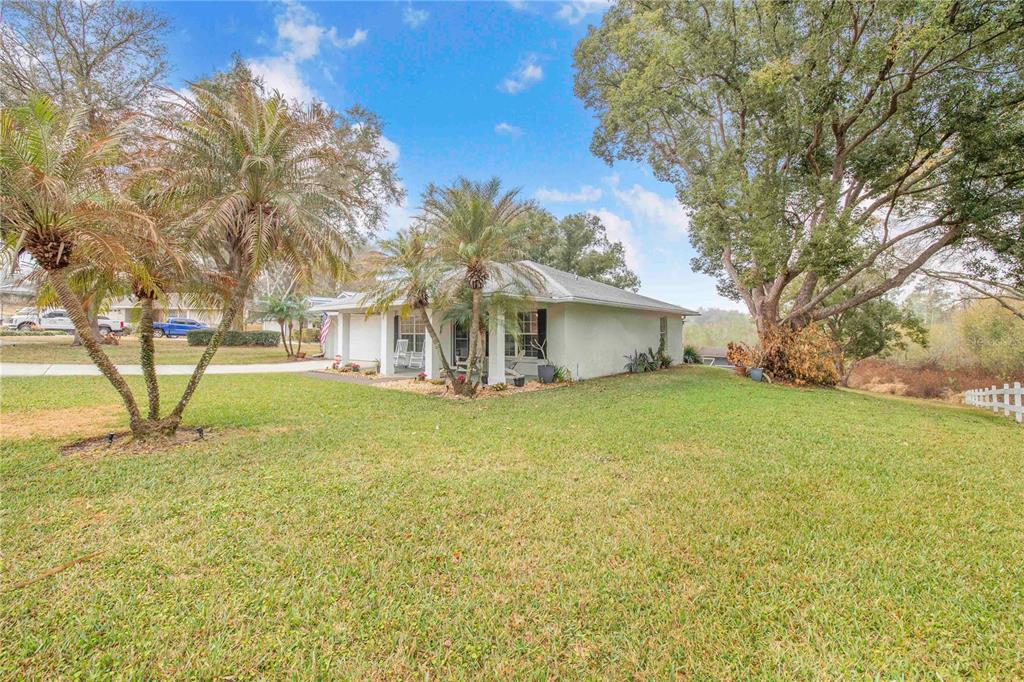 A single-story house with a light-colored exterior, palm trees, and a large grassy yard — 194 S LAKE MARIAM DRIVE, WINTER HAVEN, FL