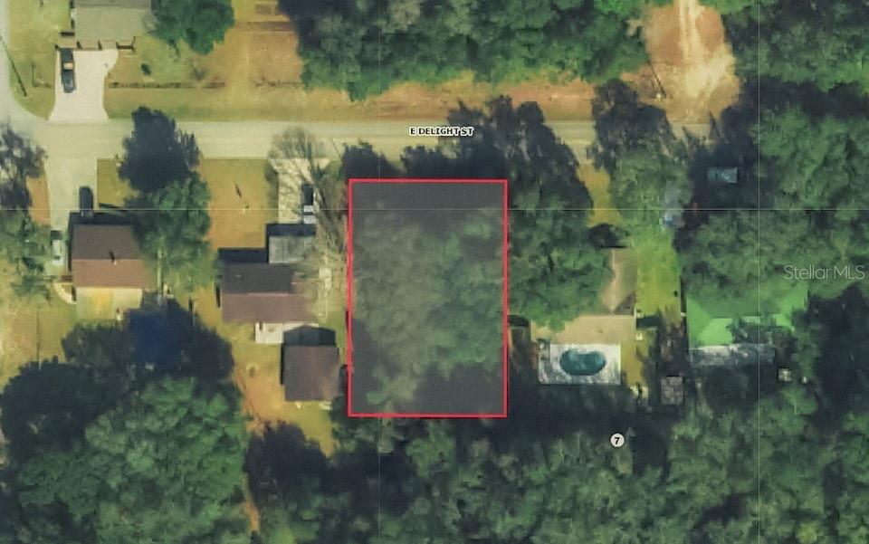 This aerial view shows a vacant, wooded rectangular lot located along a residential street — 3638 E DELIGHT STREET, HERNANDO, FL