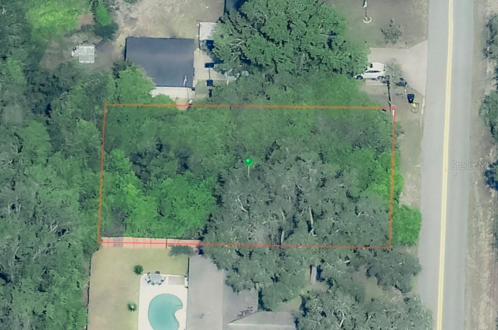 An aerial view shows a rectangular, tree-covered vacant lot outlined in red next to a road — 3638 E DELIGHT STREET, HERNANDO, FL