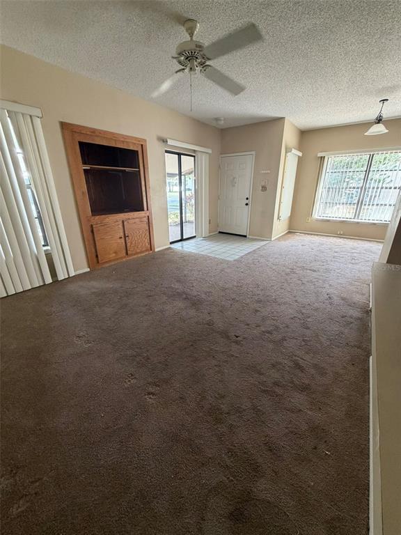 A living room features brown carpet, a ceiling fan, a built-in cabinet, and sliding doors — 47 EMERALD BAY DRIVE, OLDSMAR, FL