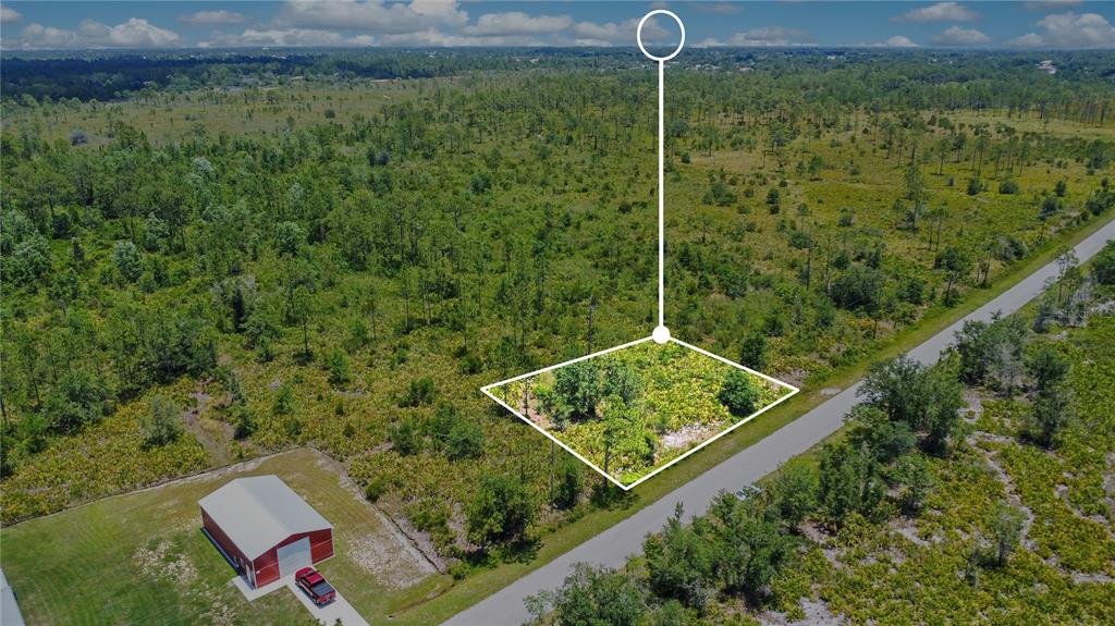 An aerial view shows a vacant, wooded lot highlighted by a white outline near a road — 4000 GERONA AVENUE, SEBRING, FL