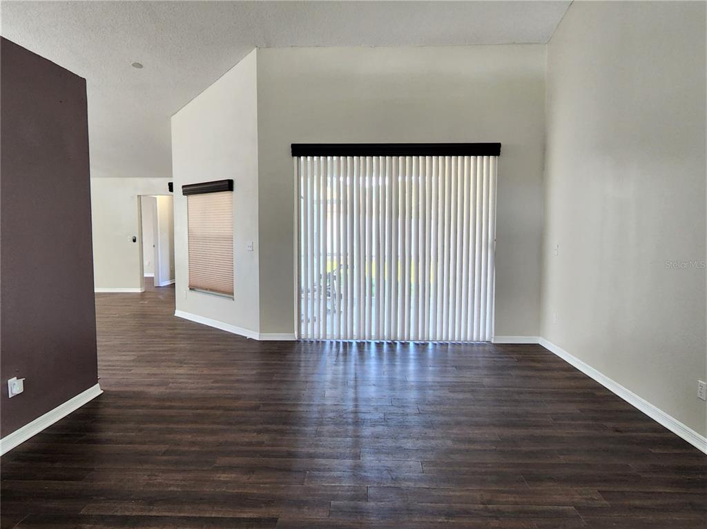 A living room features dark wood-look flooring, light walls, and a large sliding glass door — 13404 IRONTON DRIVE, TAMPA, FL