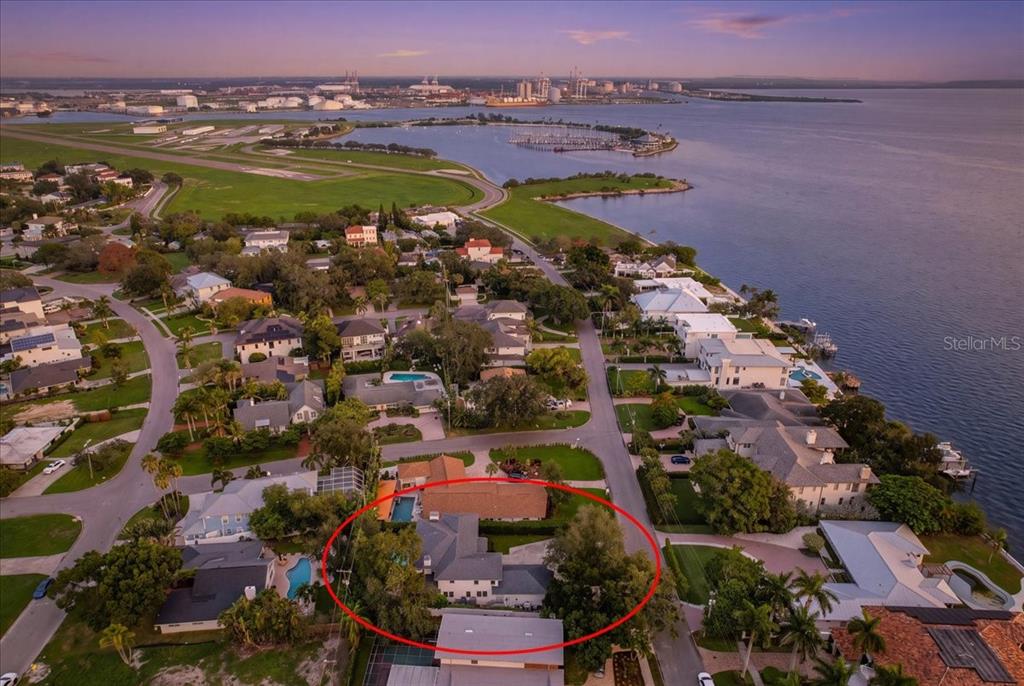 Aerial view of a residential property with a pool, surrounded by trees near the water — 89 MARTINIQUE AVENUE, TAMPA, FL