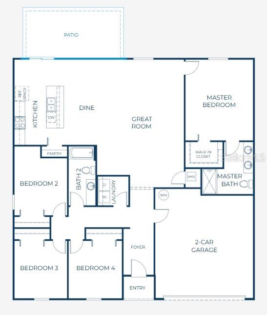 This floor plan shows a four-bedroom, two-bathroom home with a two-car garage and rear patio — 14101 ENGLISH PARROT ROAD, WEEKI WACHEE, FL
