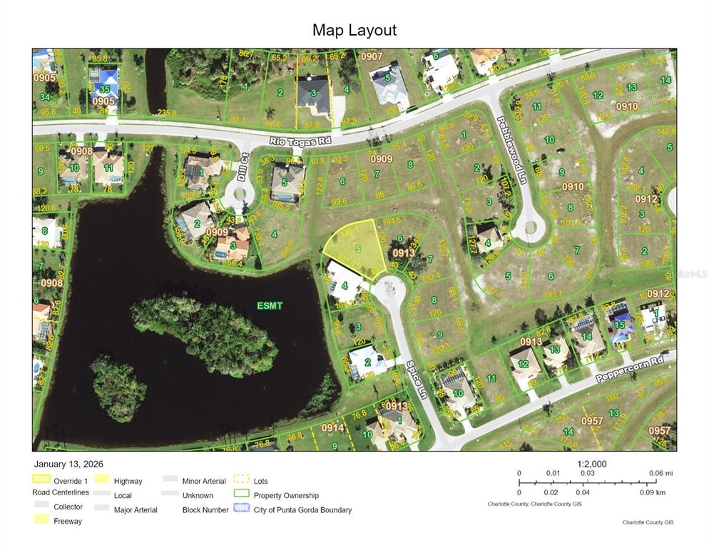 This is a property map showing residential lots, streets, and an easement area — 17161 SPICE LANE, PUNTA GORDA, FL