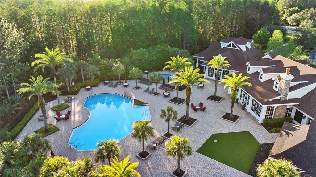 An aerial view of a swimming pool and patio area next to a large house — 19419 RED SKY COURT, LAND O LAKES, FL