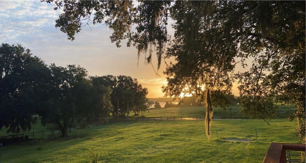 A sunset view over a grassy pasture with large oak trees and a wooden fence — 32935 JESSE JONES AVENUE, SAN ANTONIO, FL