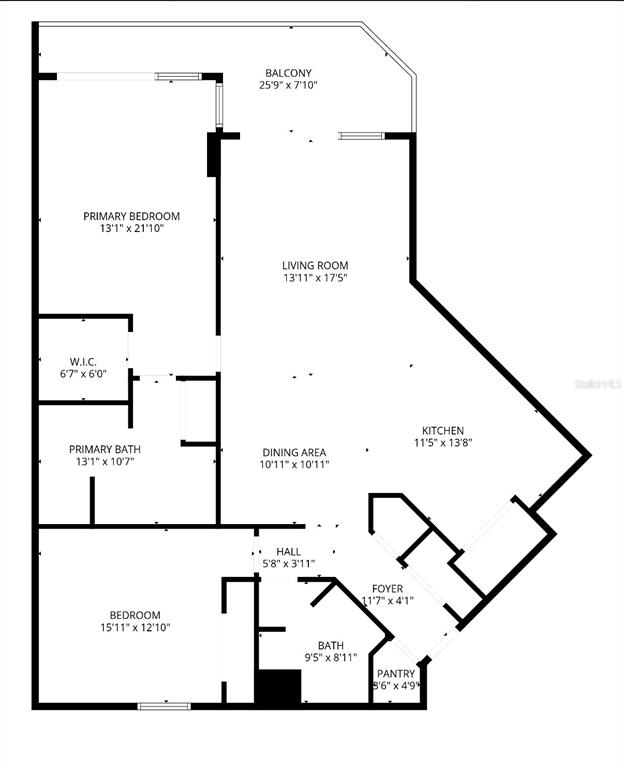 This is a floor plan for a two-bedroom apartment with a balcony and open living area — 2937 S ATLANTIC AVENUE UNIT 206, DAYTONA BEACH SHORES, FL
