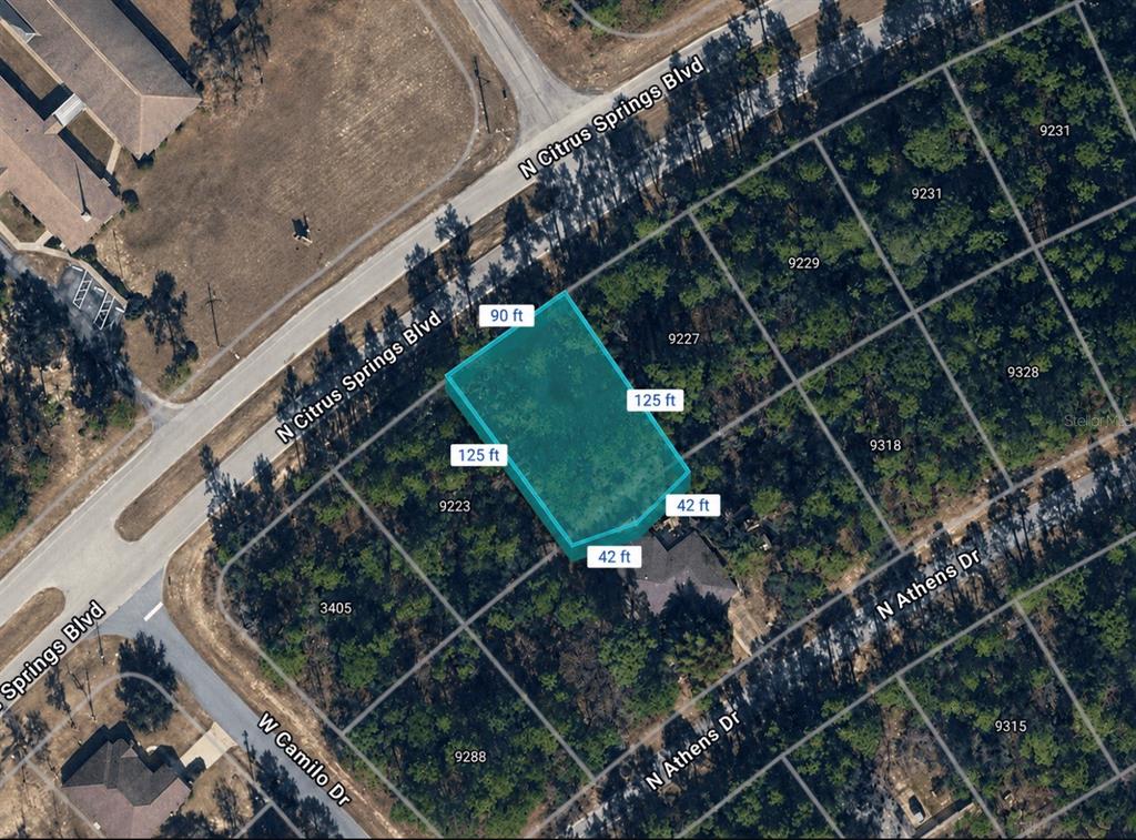 This aerial map shows a highlighted vacant lot located at a street intersection — 9225 N CITRUS SPRINGS BOULEVARD, CITRUS SPRINGS, FL