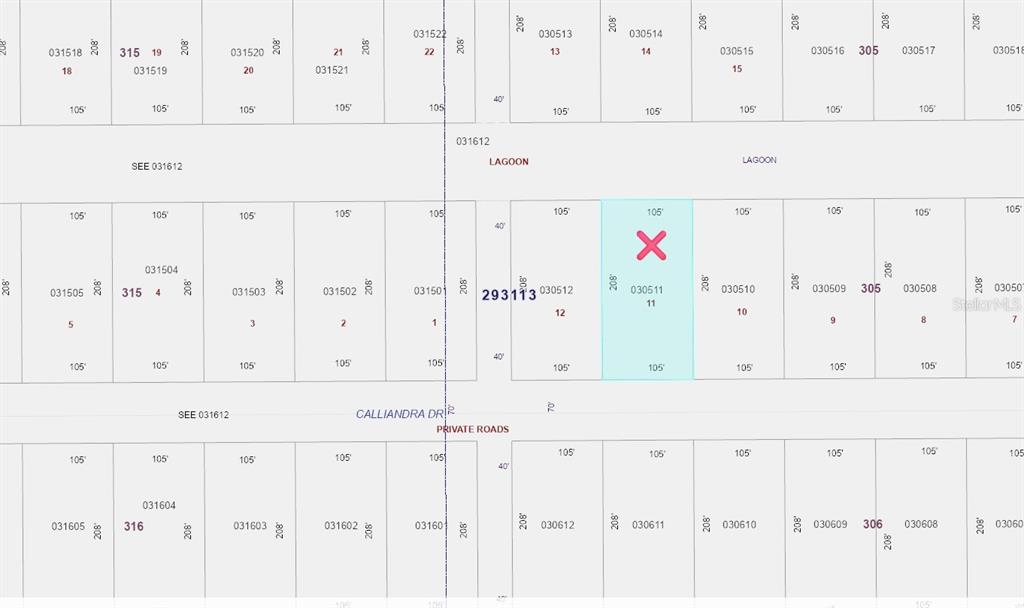 This is a land survey map showing a grid of numbered residential lots — 1022 CALLIANDRA DRIVE, INDIAN LAKE ESTATES, FL