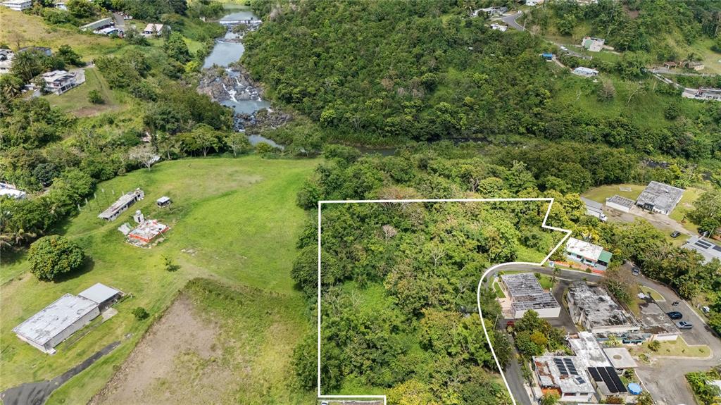 An aerial view shows a wooded lot outlined in white next to houses and a river — TRAZO BARRIO RINCON, CIDRA, PR