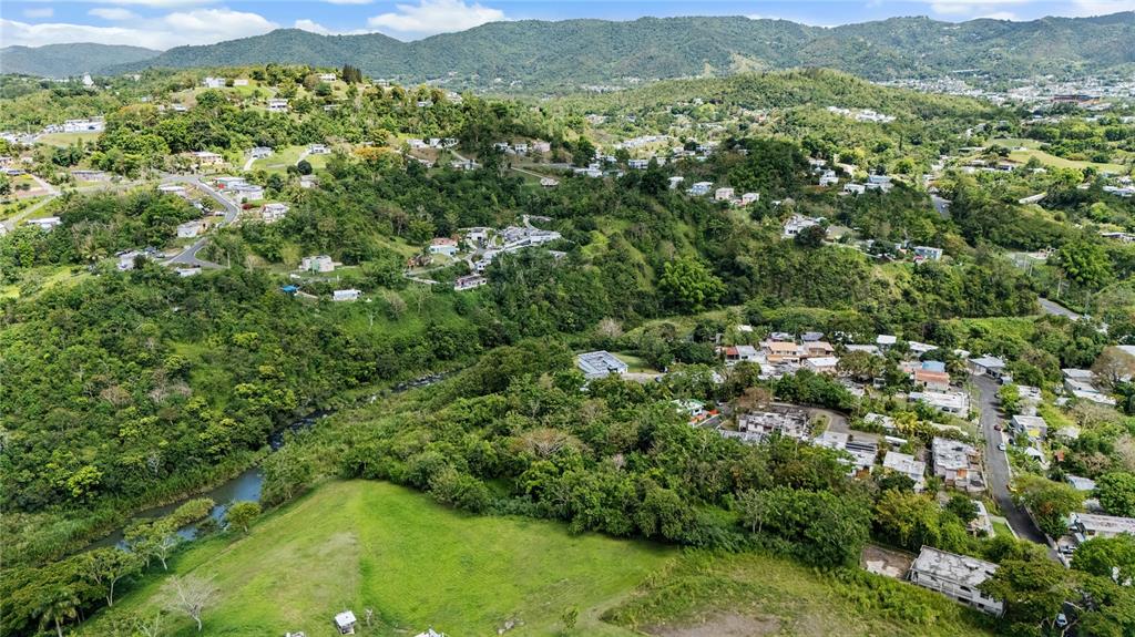 An aerial view shows a green hillside with scattered houses and a winding river — TRAZO BARRIO RINCON, CIDRA, PR