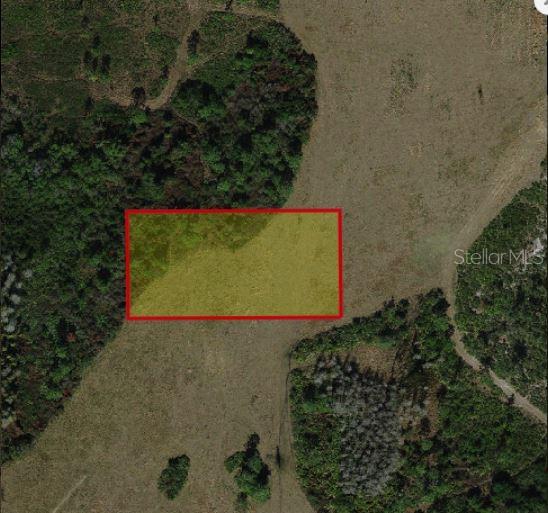 An aerial view shows a rectangular plot of land highlighted in yellow against surrounding vegetation — HOLOPAW GROVES ROAD, ST CLOUD, FL