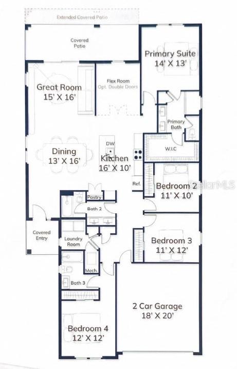 This is a floor plan for a single-story house with four bedrooms and a garage — 88 SPRINGWOOD DRIVE, PALM COAST, FL