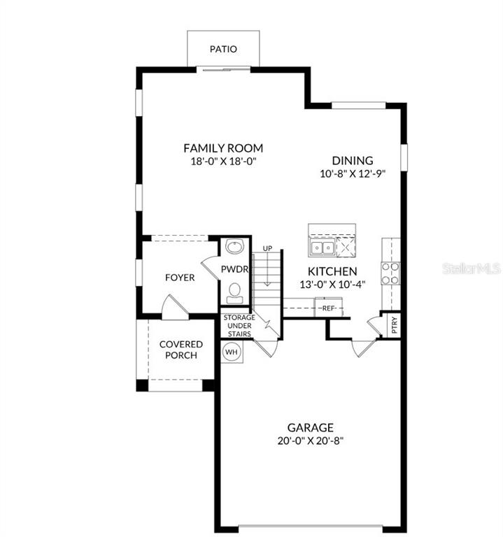 This is a floor plan of a home's ground level featuring a garage and patio — 4442 RIVER BEACON BOULEVARD, DAVENPORT, FL