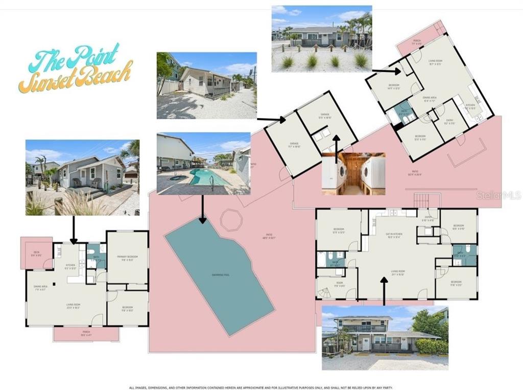 This image is a floor plan showing multiple residential units, a swimming pool, and exterior photos — 8425 W GULF BOULEVARD, TREASURE ISLAND, FL