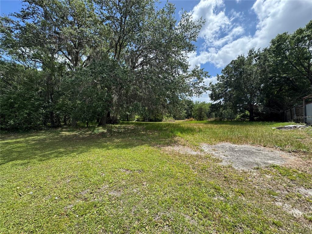 A grassy, partially shaded lot features mature trees and a concrete slab in the foreground — 2424 CRYSTAL HILLS LOOP E, LAKELAND, FL