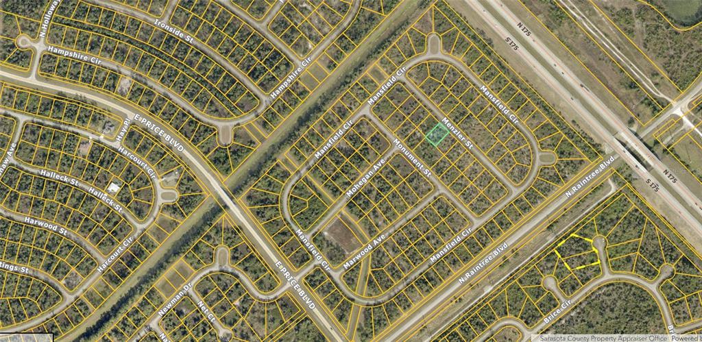 This is an aerial map showing residential lots and streets in a suburban neighborhood — MENZLER STREET, NORTH PORT, FL