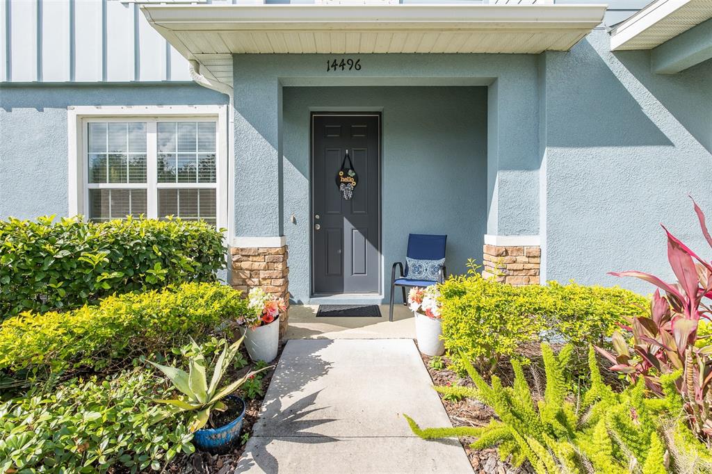 A blue house exterior features a gray front door, a concrete walkway, and landscaped bushes — 14496 PROMENADE PARKWAY, ODESSA, FL