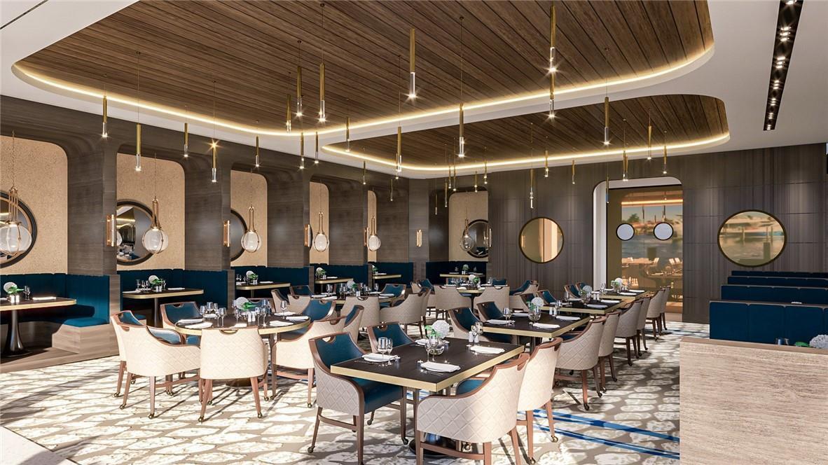 This rendering shows a modern restaurant dining room with wood-paneled ceilings and blue booth seating — 2719 NE 42nd Street # 2719, Lighthouse Point FL 33064, LIGHTHOUSE POINT, FL