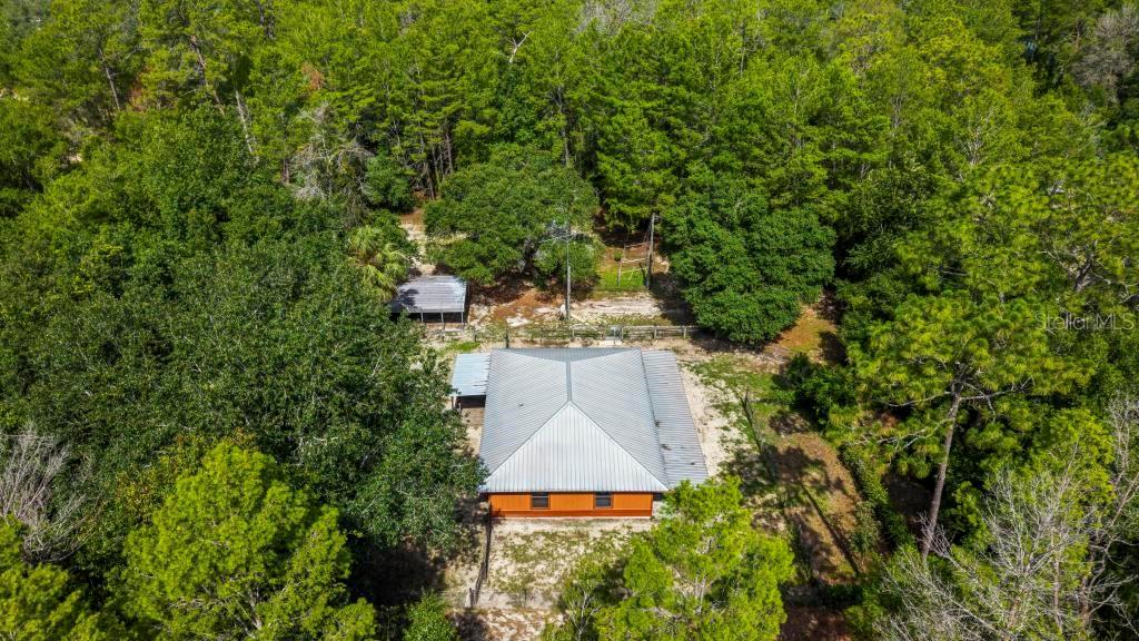An aerial view shows a house with a metal roof surrounded by dense forest trees — 24607 POLAR BEAR ROAD, PAISLEY, FL