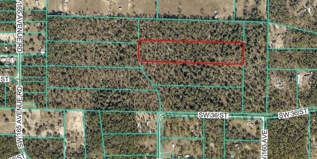This is an aerial map showing a rectangular plot of land outlined in red — 16000 SW 36TH STREET Lot 4, OCALA, FL