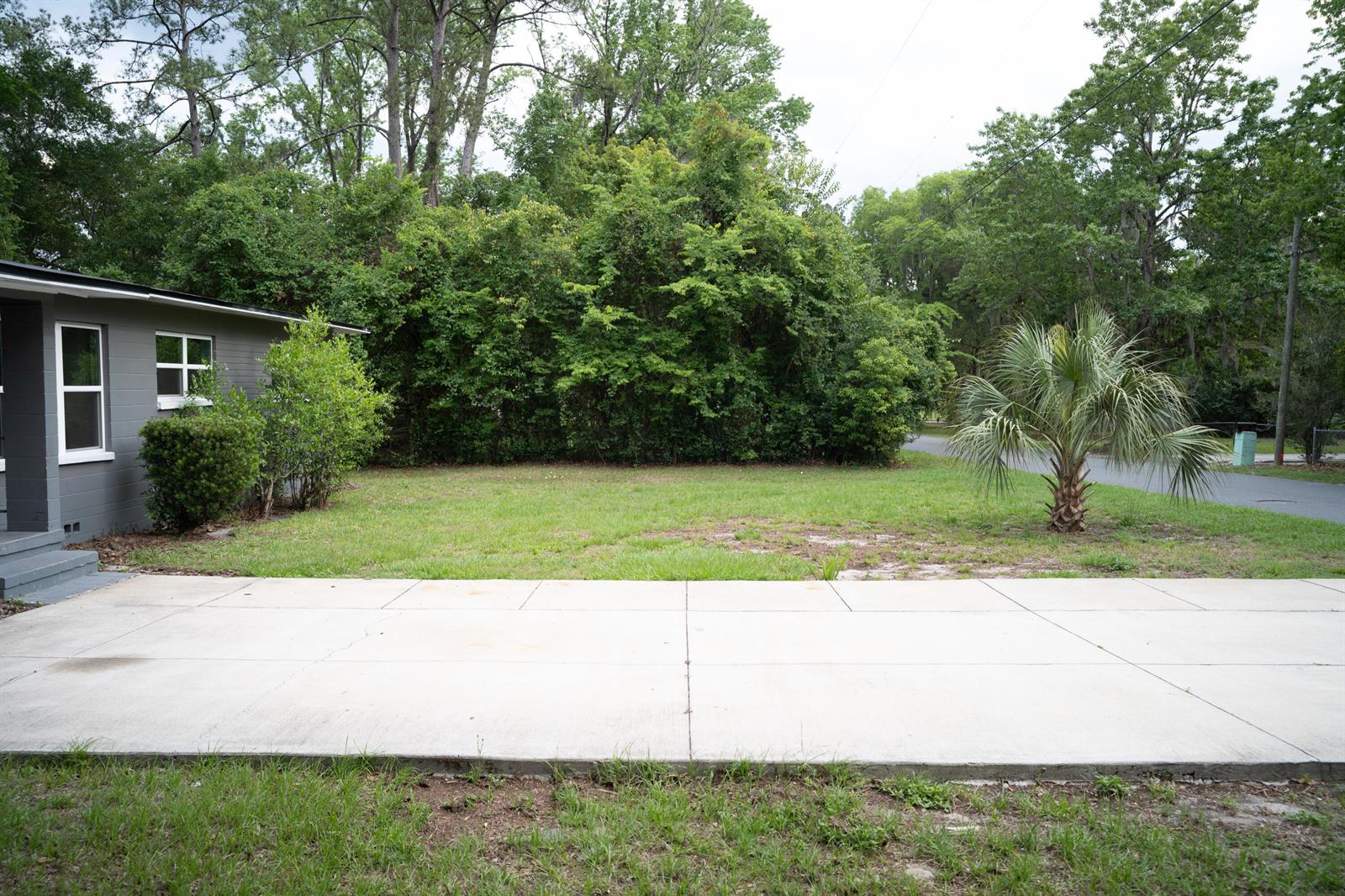 A concrete driveway leads to a gray house with a grassy yard and palm tree — 1015 SE 10th Terrace, Gainesville FL 32601, GAINESVILLE, FL