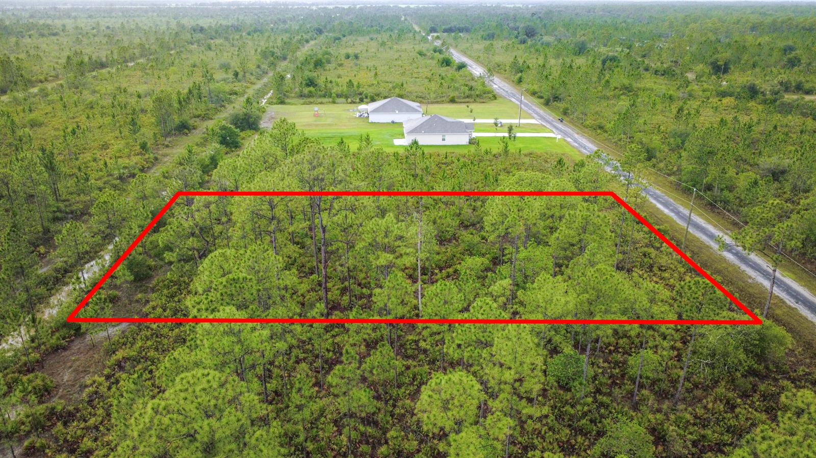 An aerial view shows a rectangular plot of wooded land outlined in red near a road — 0 Calliandra Drive, FL 33855, FL