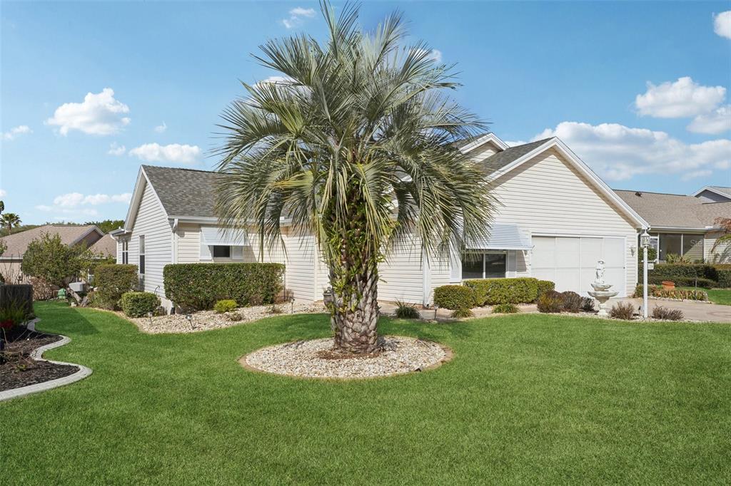 A single-story house with light-colored siding, a large palm tree, and a manicured lawn — 1204 BARCELONA DRIVE, THE VILLAGES, FL