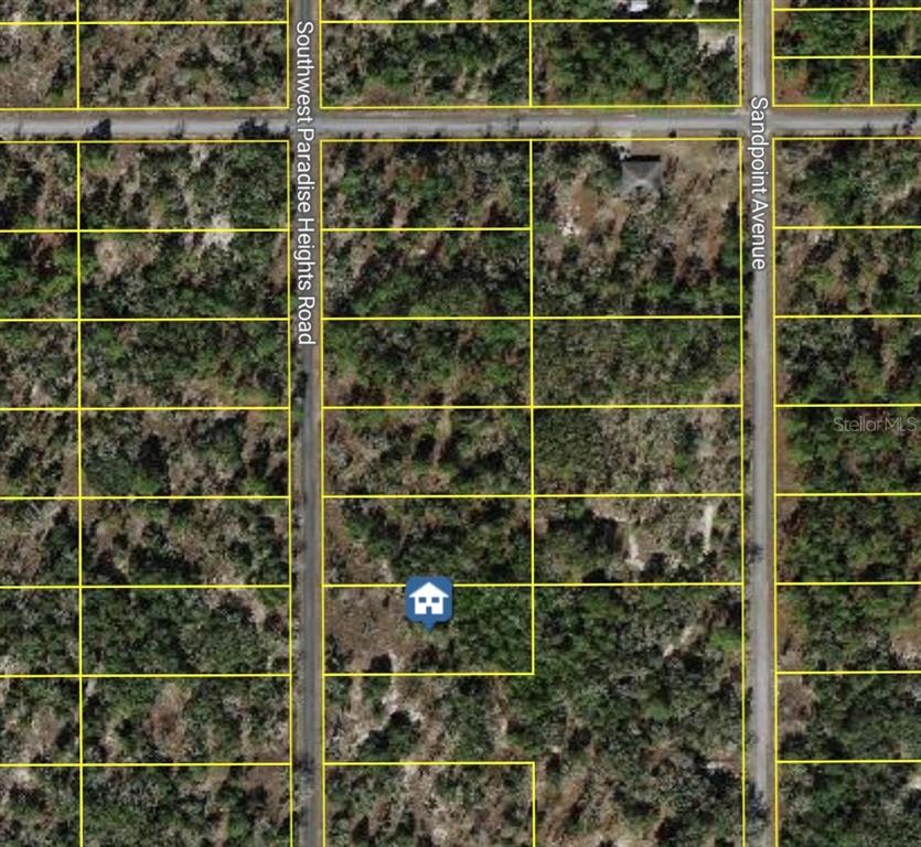 This is an aerial map showing a vacant residential lot marked with a house icon — 000 SW PARADISE HEIGHTS ROAD, DUNNELLON, FL