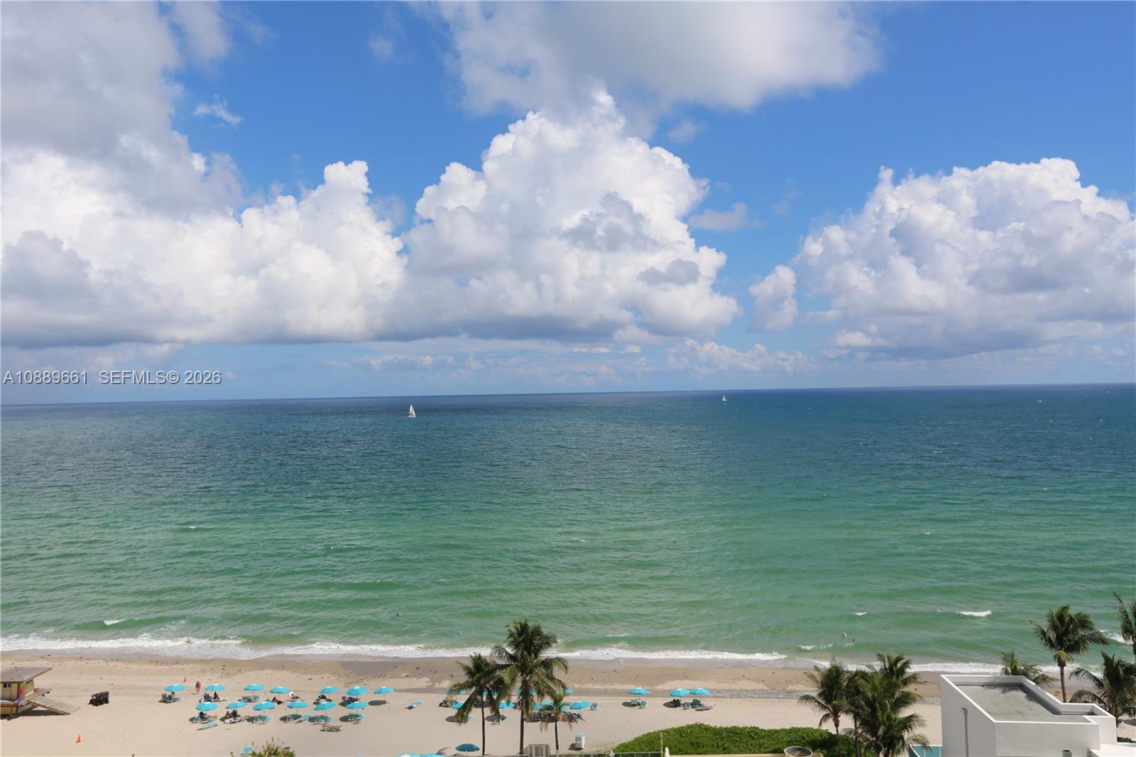 An elevated view of a sandy beach with palm trees and the ocean — 2501 S OCEAN DR, Hollywood FL 33019, HOLLYWOOD, FL