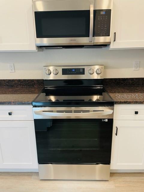 A stainless steel microwave and electric range are installed between white cabinets and dark countertops — 1482 CLEVELAND STREET, CLEARWATER, FL