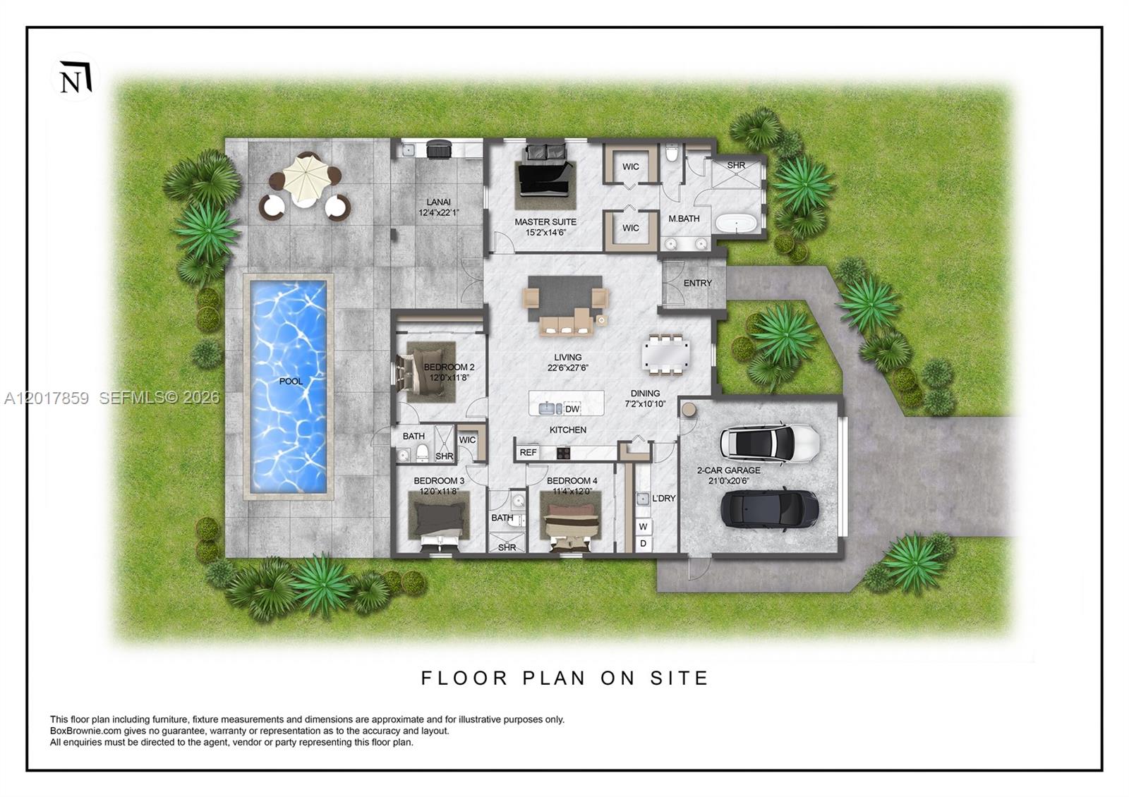 This is a floor plan of a four-bedroom house with a pool and two-car garage — 502 NE 5th PL, Cape Coral FL 33909, CAPE CORAL, FL
