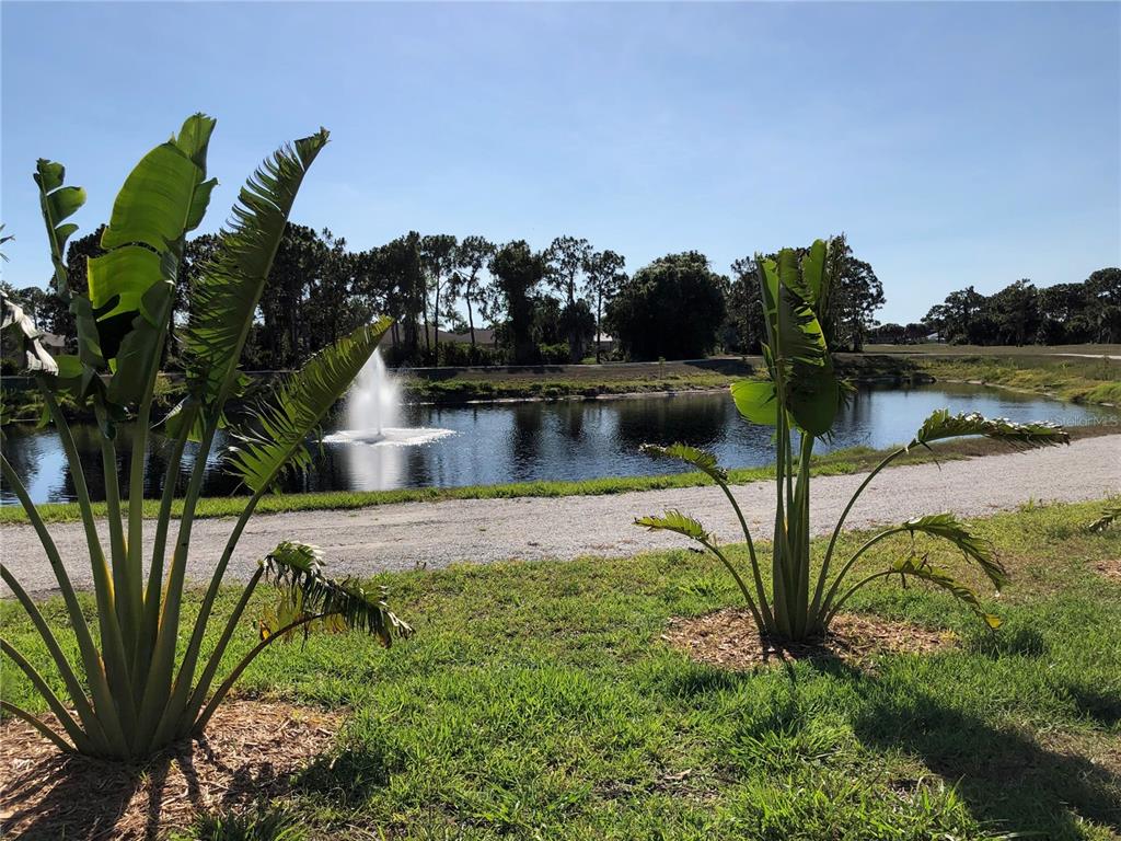 A pond with a fountain is viewed from a grassy area with two large plants — 1153 BOUNDARY BOULEVARD, ROTONDA WEST, FL