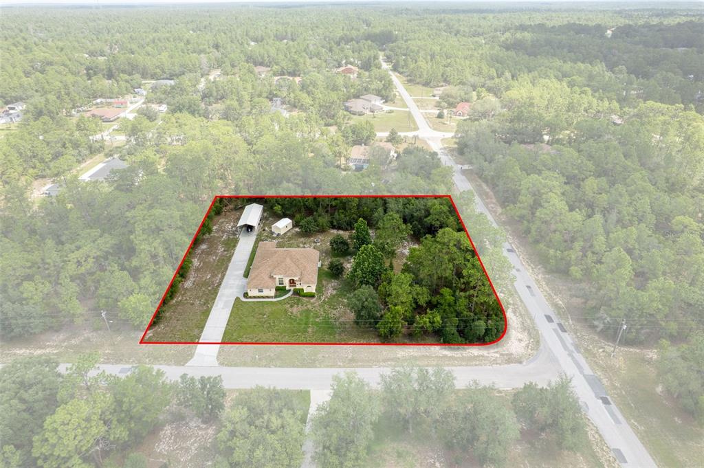 An aerial view shows a house with a driveway and outbuildings on a wooded lot — 4081 W ROUNDUP COURT, BEVERLY HILLS, FL