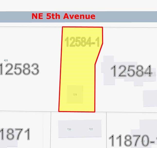 This is a map showing a highlighted property parcel located along NE 5th Avenue — 725 NE 5TH AVENUE, GAINESVILLE, FL