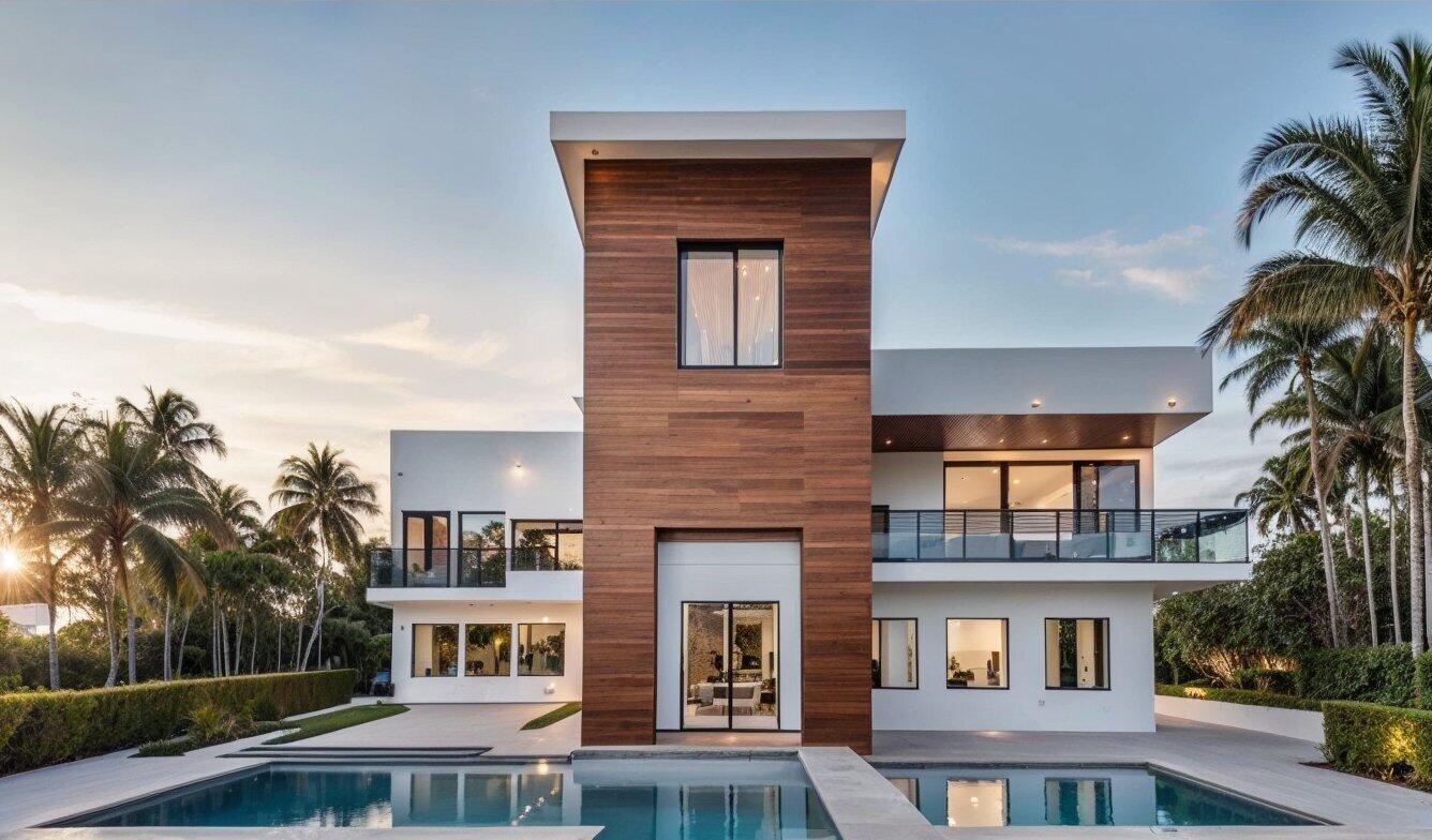 A modern two-story house with wood siding and white walls overlooks a backyard swimming pool — 12349 S Indian River Drive, Jensen Beach FL 34957, JENSEN BEACH, FL
