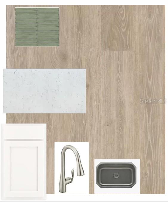 This is a design mood board featuring wood flooring, white cabinets, quartz countertops, and fixtures — 3624 JONS LAKEVIEW STREET, PLANT CITY, FL