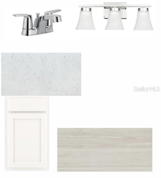 This image displays a collage of bathroom finish samples including a faucet, light fixture, countertop, cabinet, and tile — 3624 JONS LAKEVIEW STREET, PLANT CITY, FL