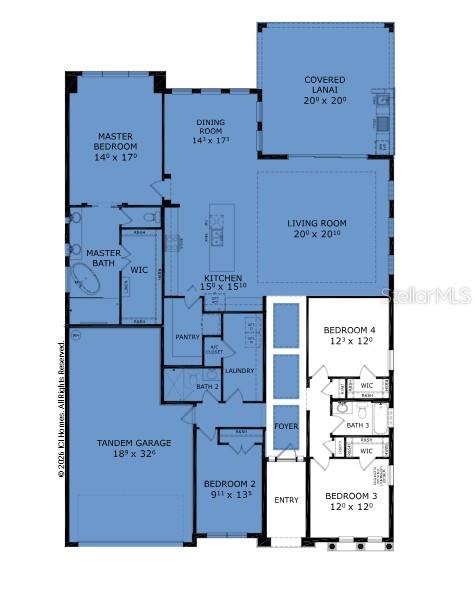 This is a floor plan for a single-story home featuring four bedrooms and a tandem garage — 54 BROADWATER ROAD, ORMOND BEACH, FL