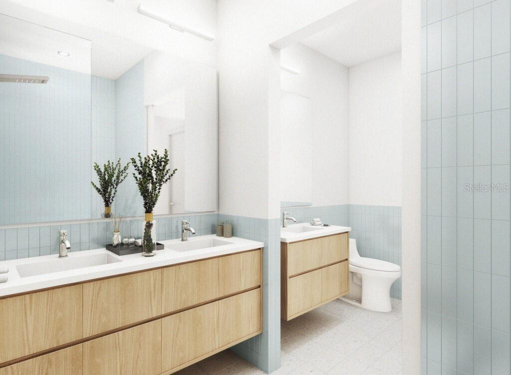 This is a rendering of a modern bathroom with light wood vanities and blue tile — 2170 ROBINHOOD STREET UNIT C2-304, SARASOTA, FL