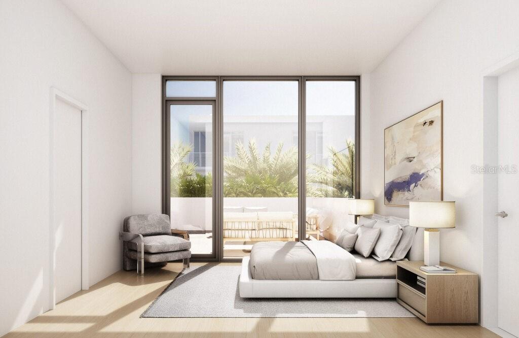 This rendering shows a modern bedroom with a platform bed, armchair, and floor-to-ceiling windows — 2170 ROBINHOOD STREET UNIT C2-304, SARASOTA, FL