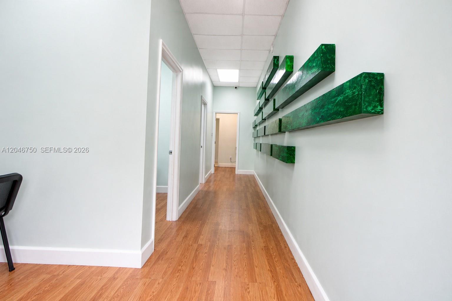 A hallway with light walls, wood-look flooring, and green decorative wall accents — HALLANDALE BEACH, FL