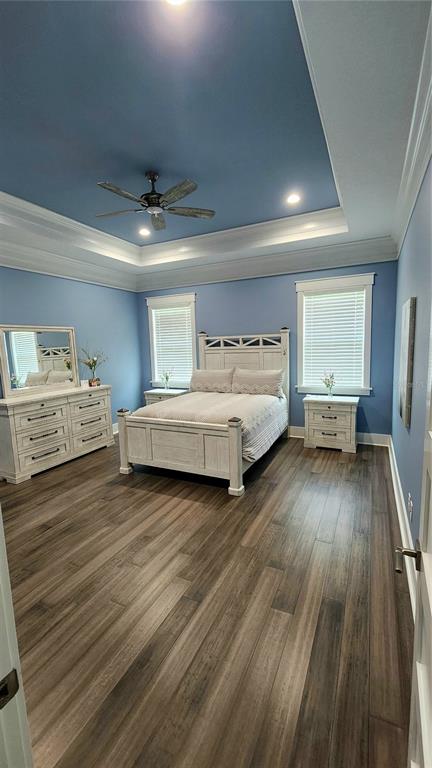 A bedroom features blue walls, a tray ceiling with a fan, and white wooden furniture — 780 WATERFERN TRAIL DRIVE, AUBURNDALE, FL