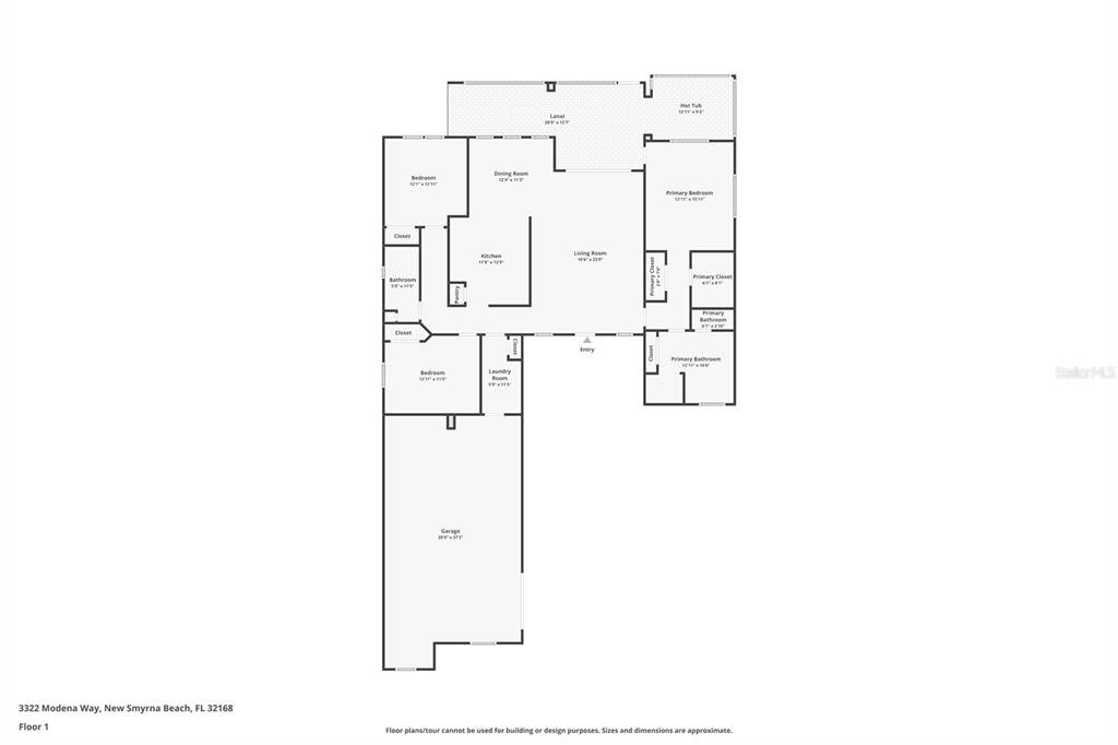 This is a floor plan of a single-story house featuring a garage, lanai, and hot tub — 3322 MODENA WAY, NEW SMYRNA BEACH, FL