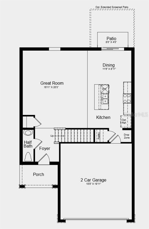 This is a floor plan of a home's first level featuring a garage and patio — 395 CORNERSTONE DRIVE, GROVELAND, FL