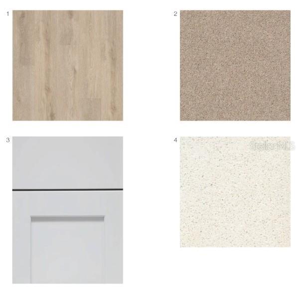 This image displays a material board featuring wood-look flooring, beige carpet, white cabinetry, and countertops — 395 CORNERSTONE DRIVE, GROVELAND, FL