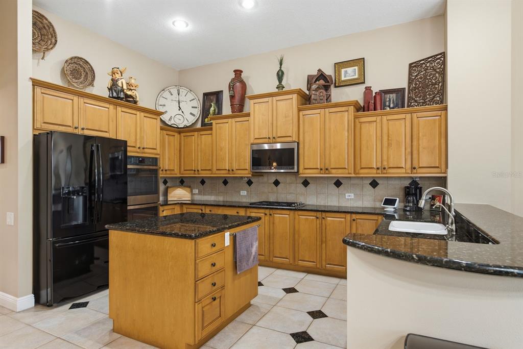 A kitchen features light wood cabinets, black granite countertops, a center island, and tile flooring — 5442 MILLBROOK WAY, PALM HARBOR, FL
