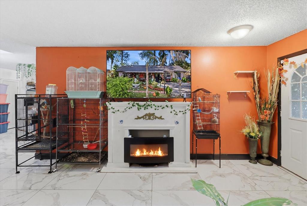A living room features an orange wall, a fireplace with a mounted television, and birdcages — 1736 NW 26TH PLACE, OCALA, FL